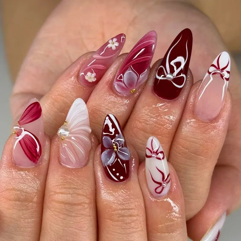 Mid-length Gilded 3D Flower Gradient Almond Reusable Press On Nails