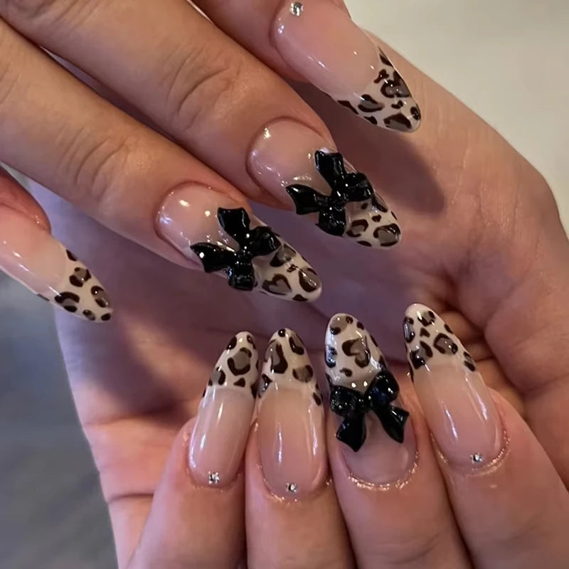 Sweet Cat Eye French Press on Nails Diamond-Pointed Three Dimensional Bow Knot