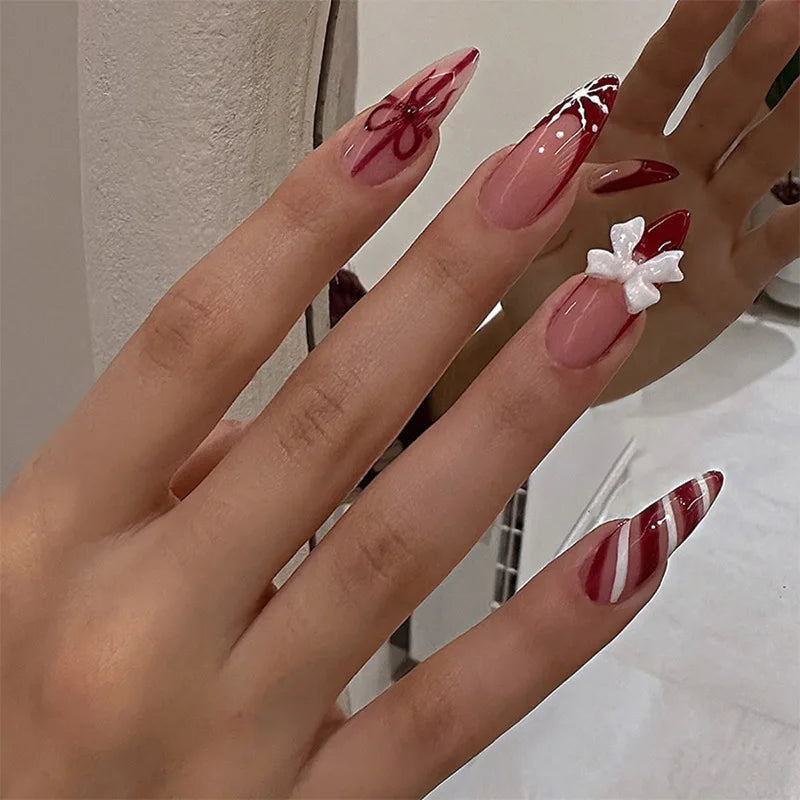 Sweet Cat Eye French Press on Nails Diamond-Pointed Three Dimensional Bow Knot