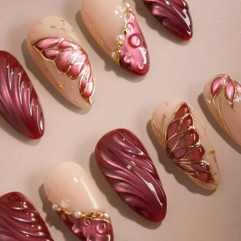 Mid-length Gilded 3D Flower Gradient Almond Reusable Press On Nails