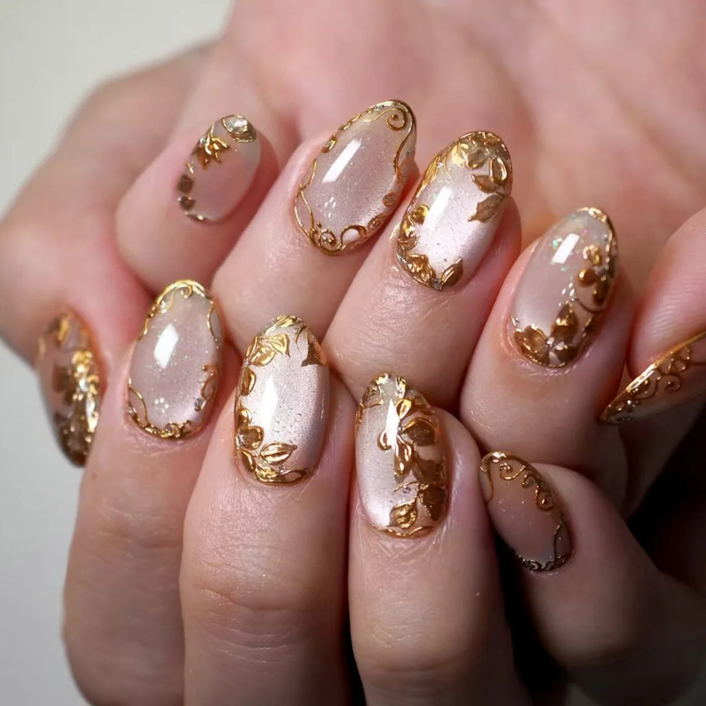 Metallic Cat Eye Sheer Manicure Art Textured 3D Acrylic Almond Medium Press on Nails