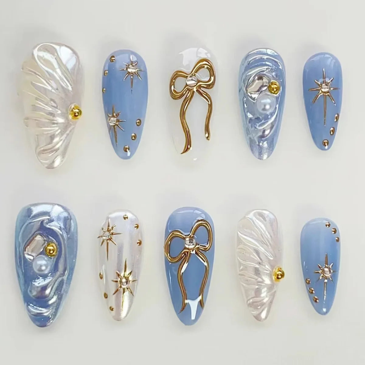 Mid-length Gilded 3D Flower Gradient Almond Reusable Press On Nails