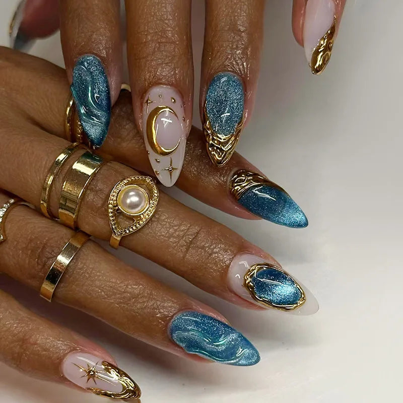 Y2k Press on Nails with Almond Head Design Cat's Eye Silver Stripe Pattern