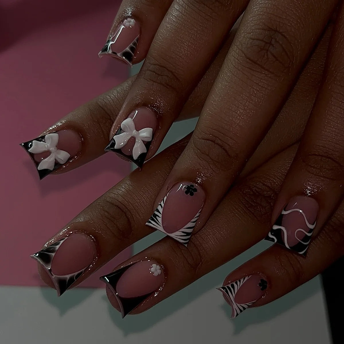 Nude Pink Sweet Press On Nails Short French With 3D Decor
