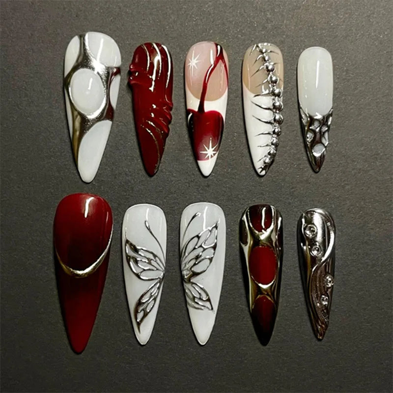 Y2k Press on Nails with Almond Head Design Cat's Eye Silver Stripe Pattern