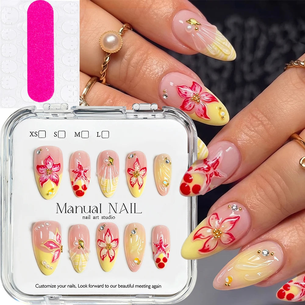 Stunning Retro Flower Y2k Caviar Bead Floral Press on Nails