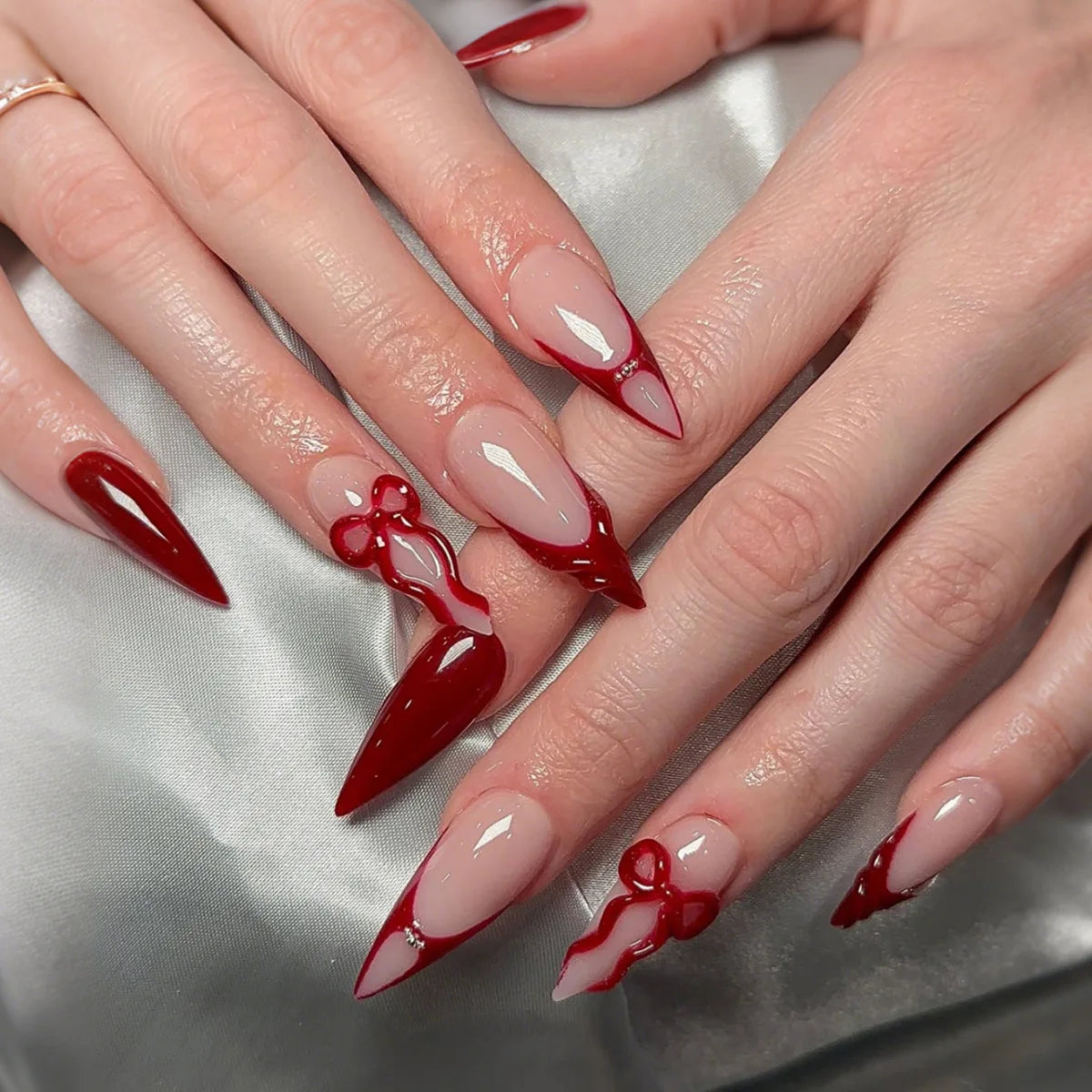 Sweet Cat Eye French Press on Nails Diamond-Pointed Three Dimensional Bow Knot
