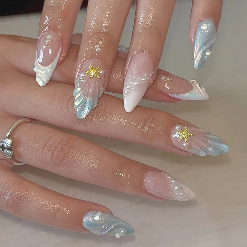 Stiletto Press On Nails Black Silver Bowknot Dissymmetry Nail Art