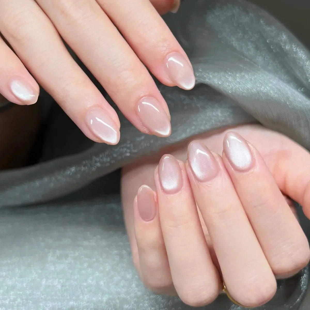 Metallic Cat Eye Sheer Manicure Art Textured 3D Acrylic Almond Medium Press on Nails