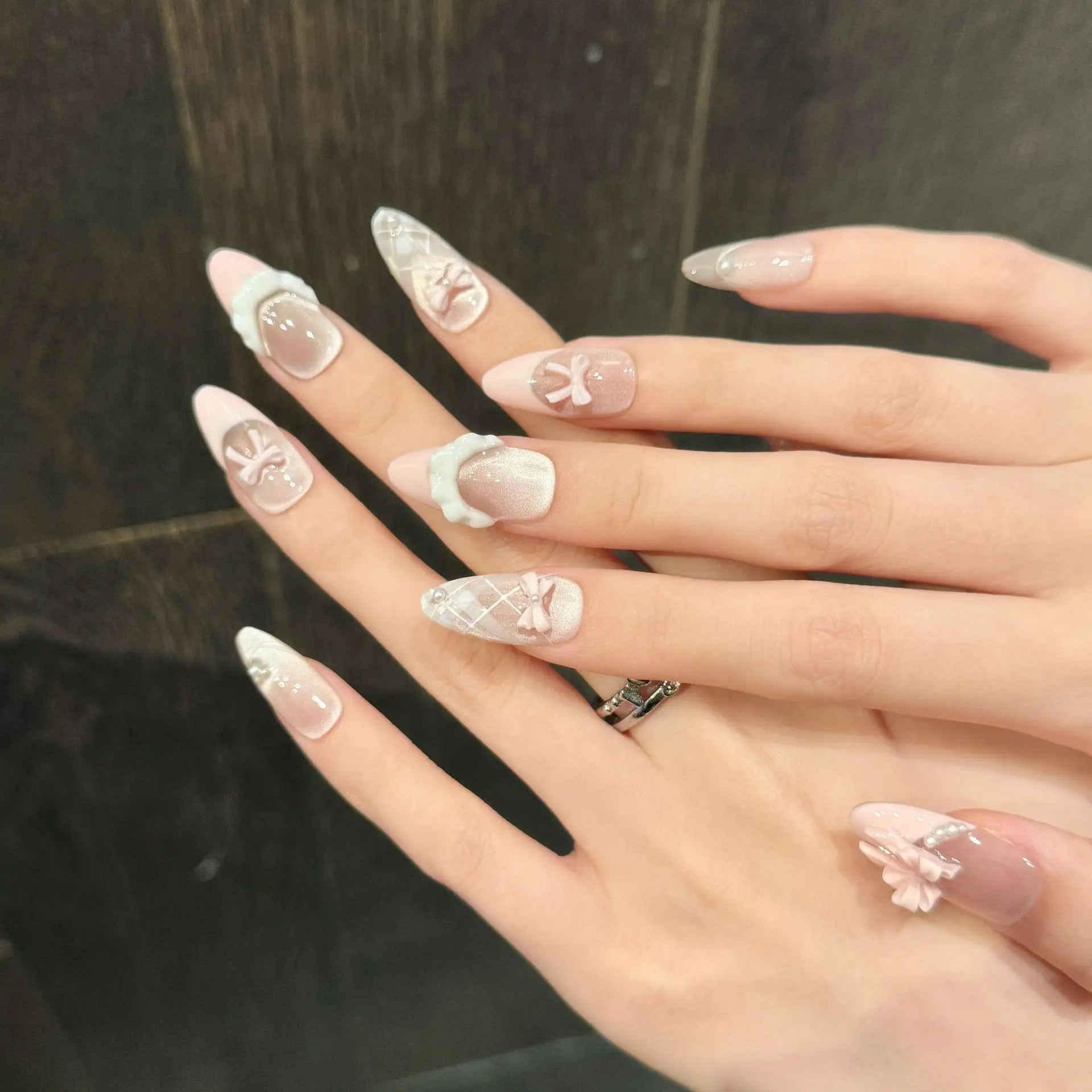 Handmade French Cat Eye Pink Bow Decor Almond Press on Nails