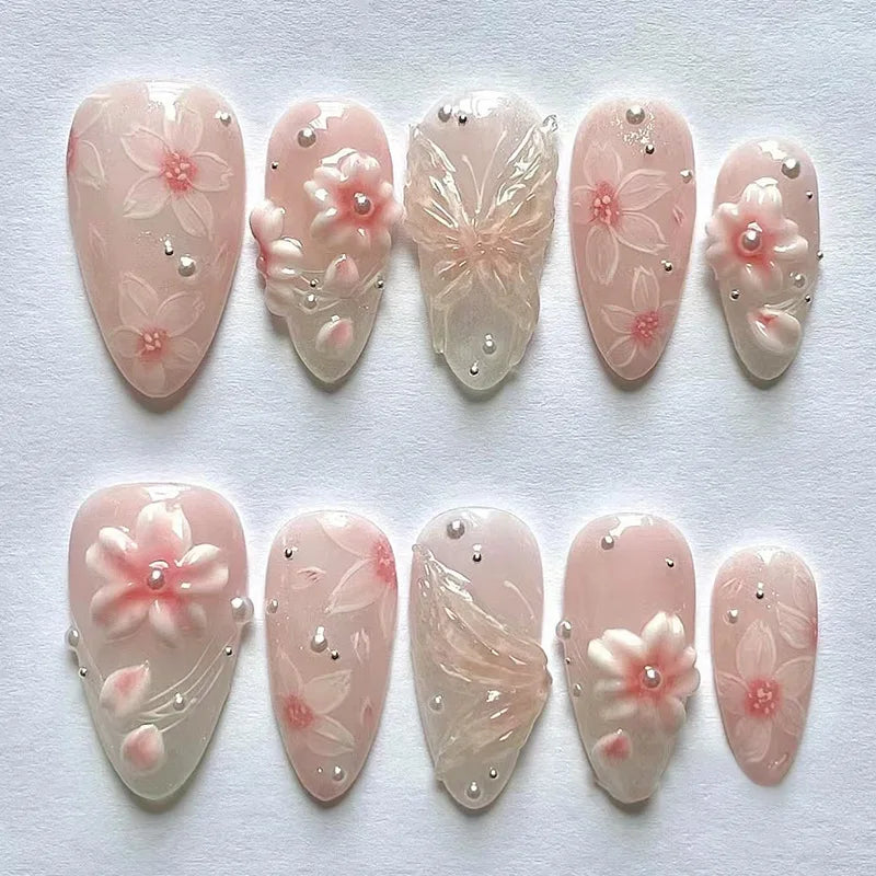 Mid-length Gilded 3D Flower Gradient Almond Reusable Press On Nails