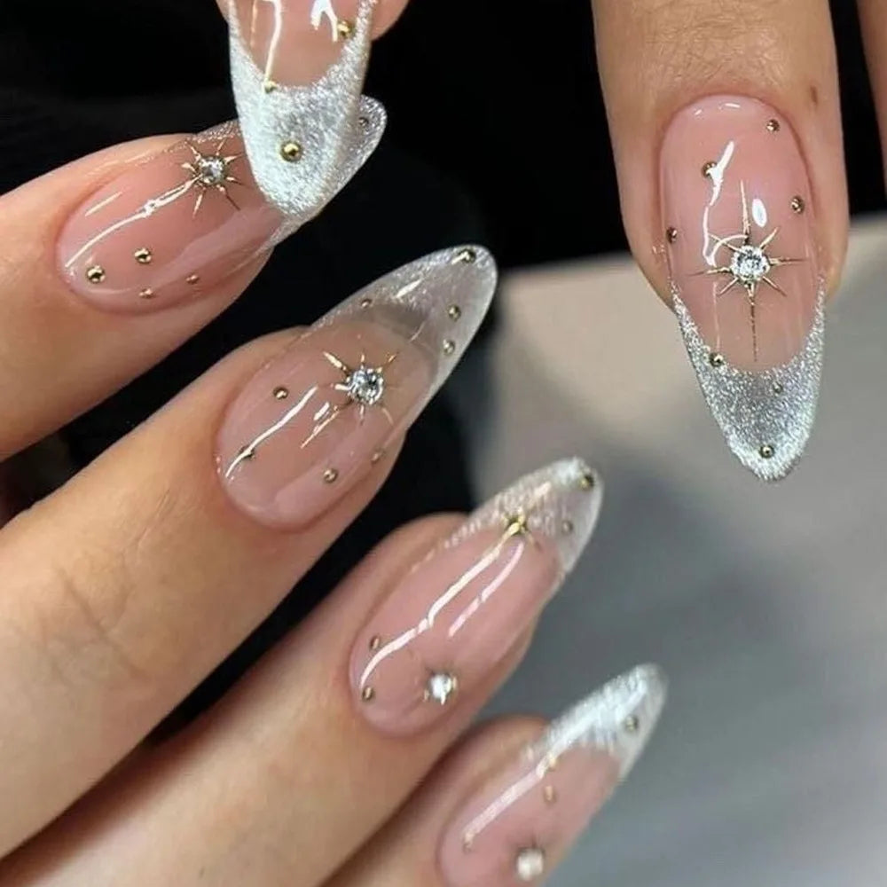 Metallic Cat Eye Sheer Manicure Art Textured 3D Acrylic Almond Medium Press on Nails