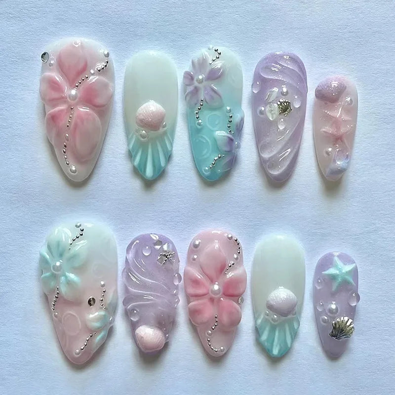 Mid-length Gilded 3D Flower Gradient Almond Reusable Press On Nails