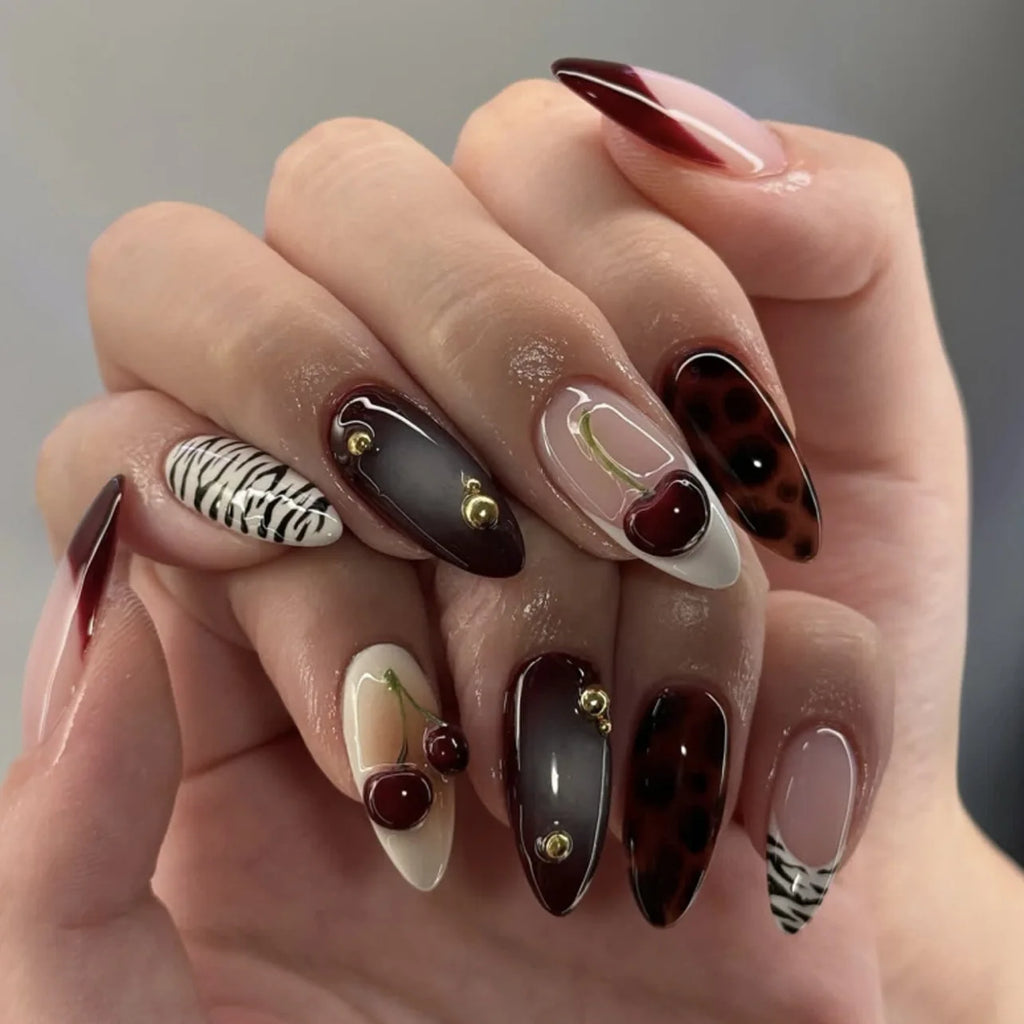 Mid-length Gilded 3D Flower Gradient Almond Reusable Press On Nails