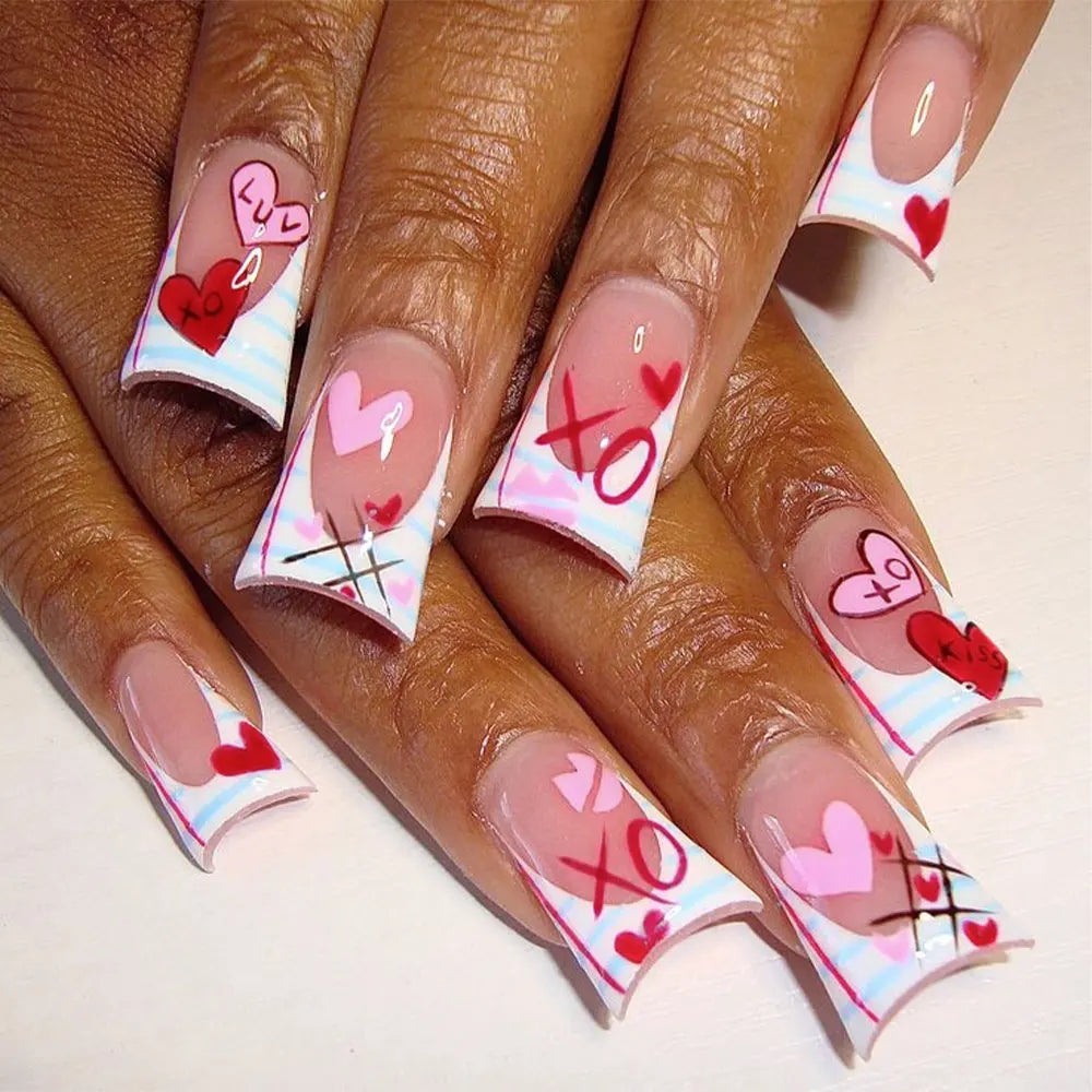 Duck Nail French Tips with Cross, Snake & Rhinestone Design.