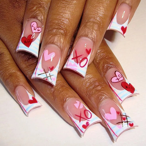 Duck Nail French Tips with Cross, Snake & Rhinestone Design.