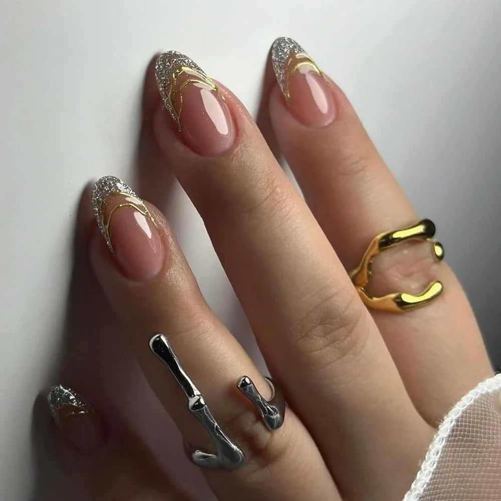 Metallic Cat Eye Sheer Manicure Art Textured 3D Acrylic Almond Medium Press on Nails