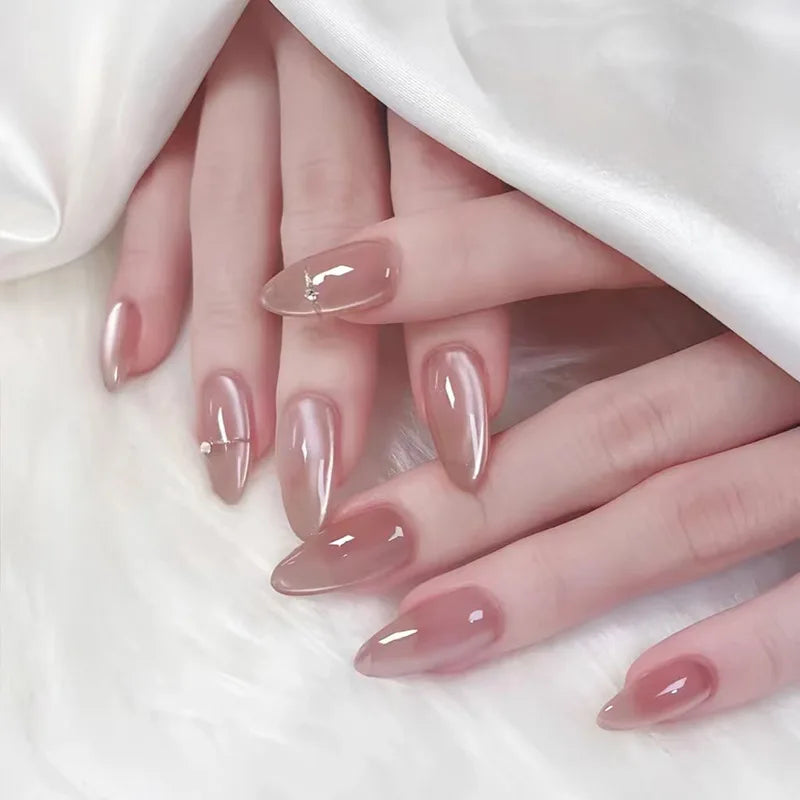 Metallic Cat Eye Sheer Manicure Art Textured 3D Acrylic Almond Medium Press on Nails