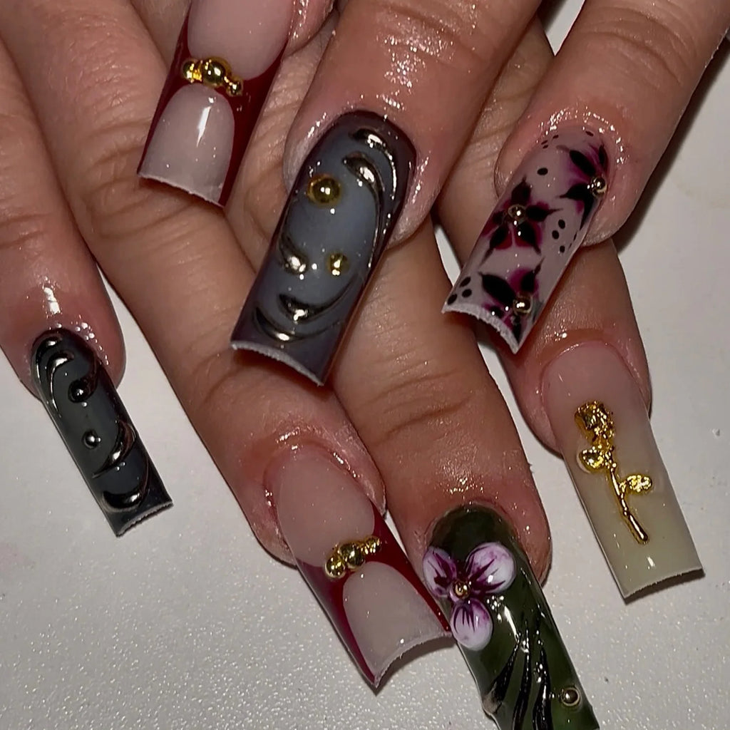 Long Square Press on Charm Nails Durable Wear