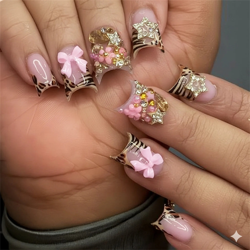 Nude Pink Sweet Press On Nails Short French With 3D Decor