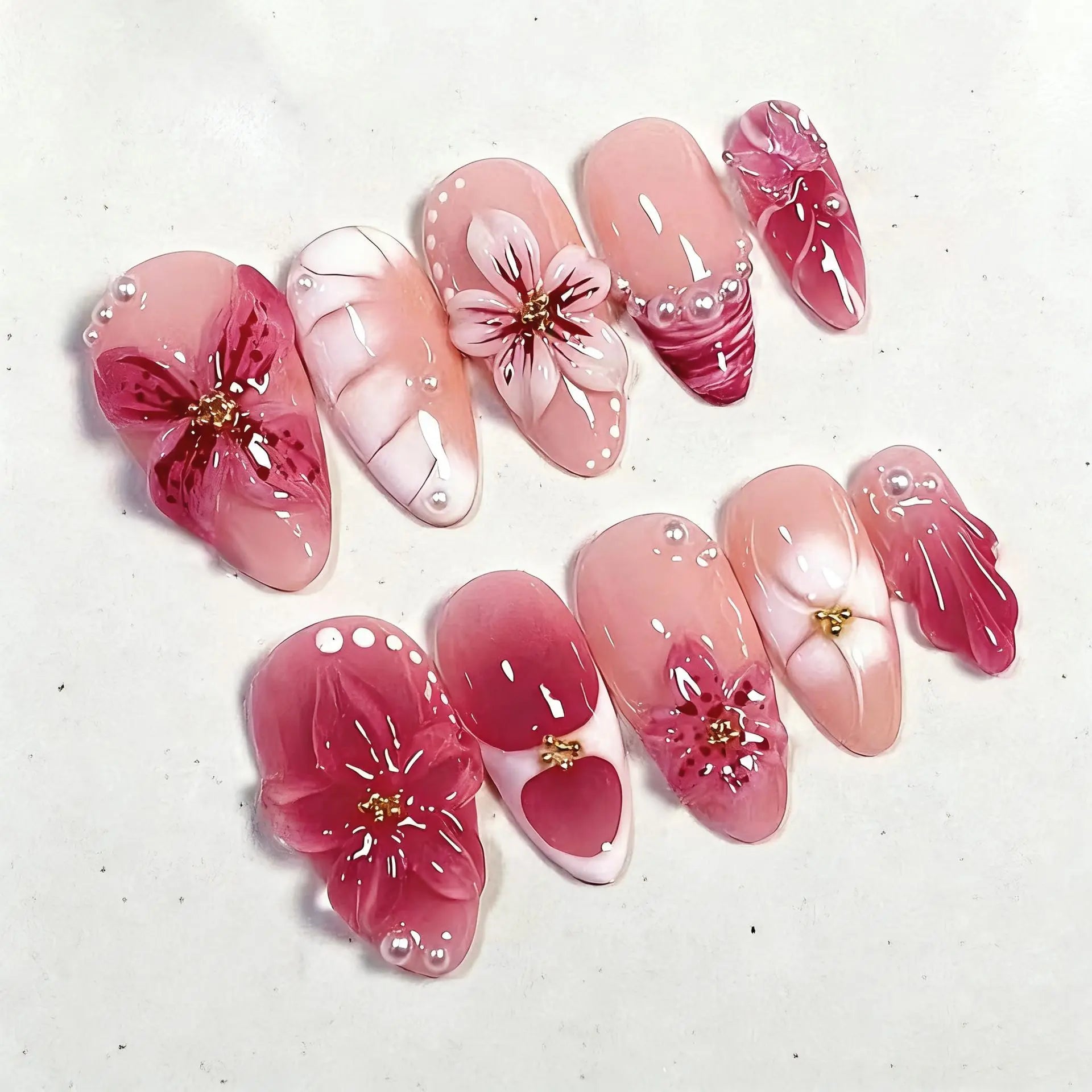 Mid-length Gilded 3D Flower Gradient Almond Reusable Press On Nails