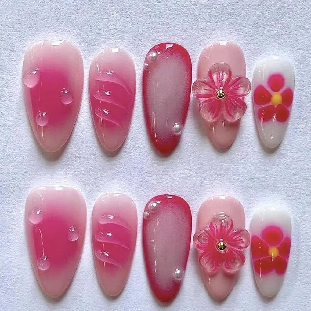Mid-length Gilded 3D Flower Gradient Almond Reusable Press On Nails