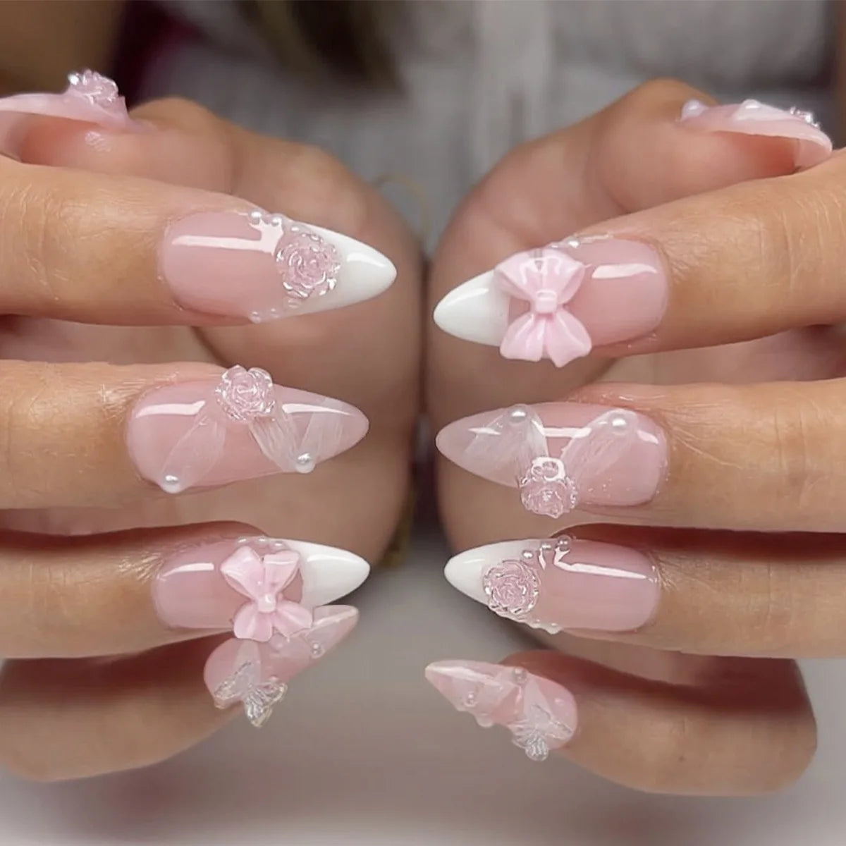 Sweet Cat Eye French Press on Nails Diamond-Pointed Three Dimensional Bow Knot