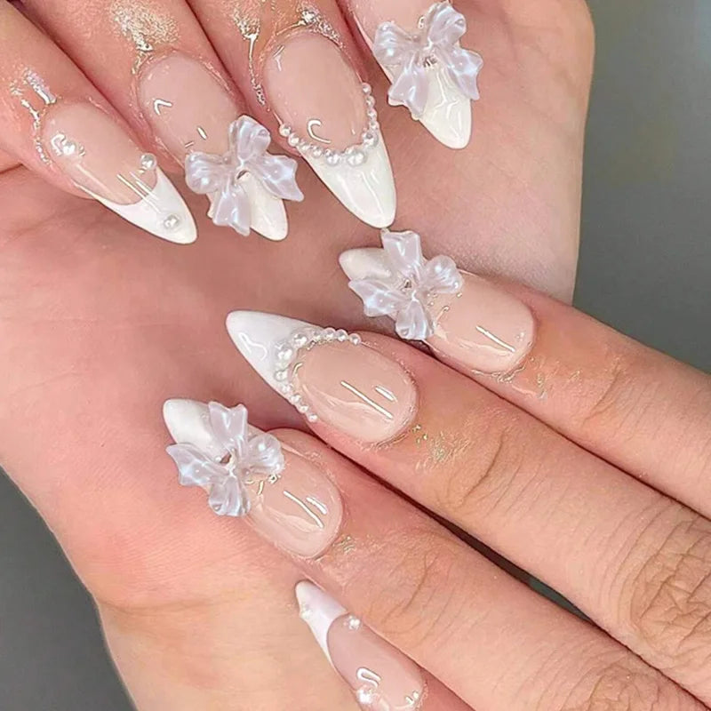 Sweet Cat Eye French Press on Nails Diamond-Pointed Three Dimensional Bow Knot