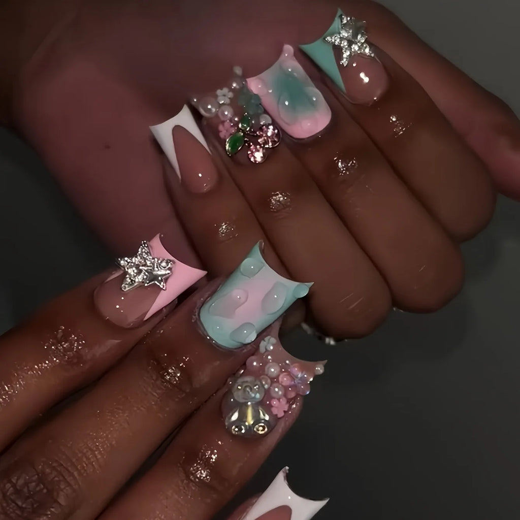Nude Pink Sweet Press On Nails Short French With 3D Decor