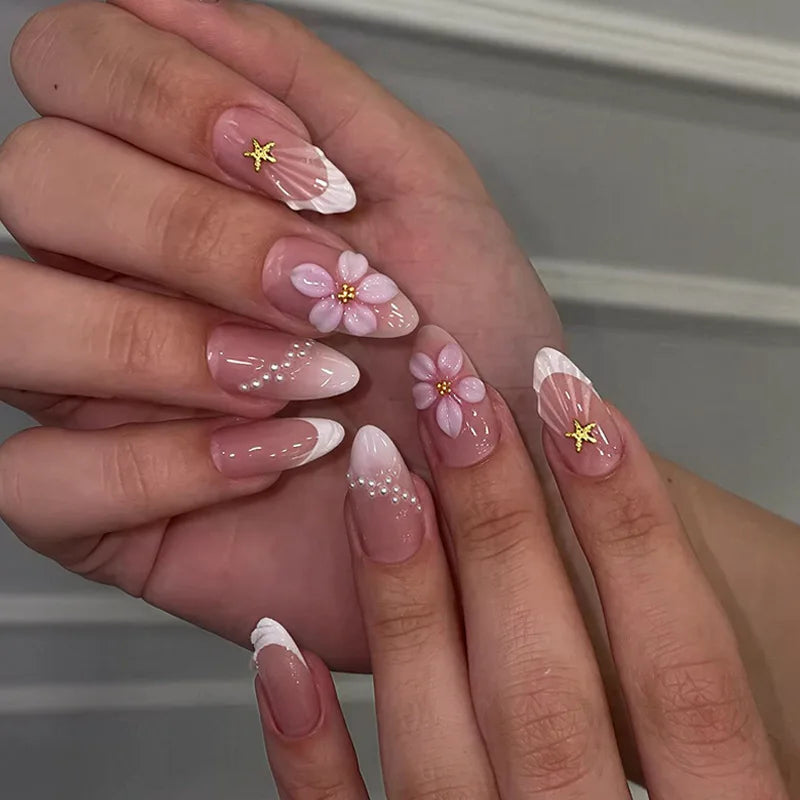 Pink Flower Almond Kawaii Press on Nails