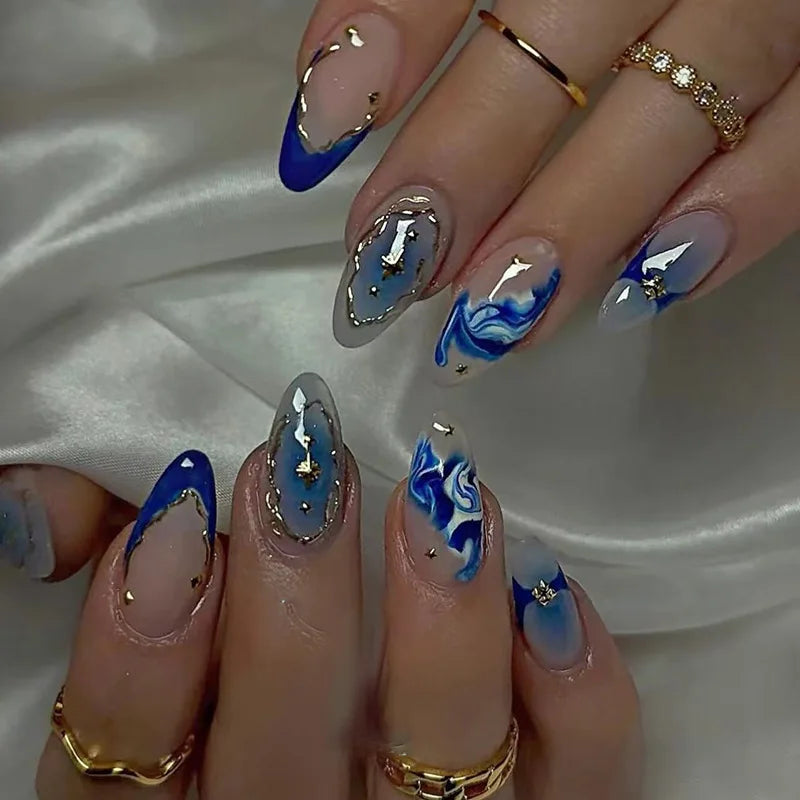 Mid-length Gilded 3D Flower Gradient Almond Reusable Press On Nails