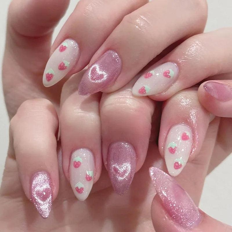 Sweet Cat Eye French Press on Nails Diamond-Pointed Three Dimensional Bow Knot