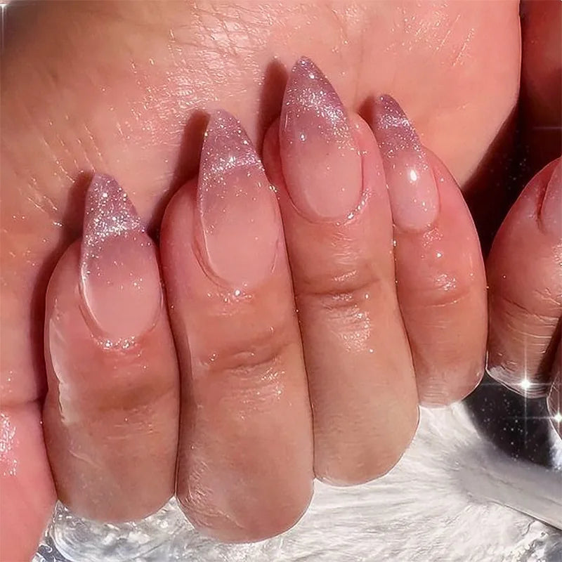 Metallic Cat Eye Sheer Manicure Art Textured 3D Acrylic Almond Medium Press on Nails