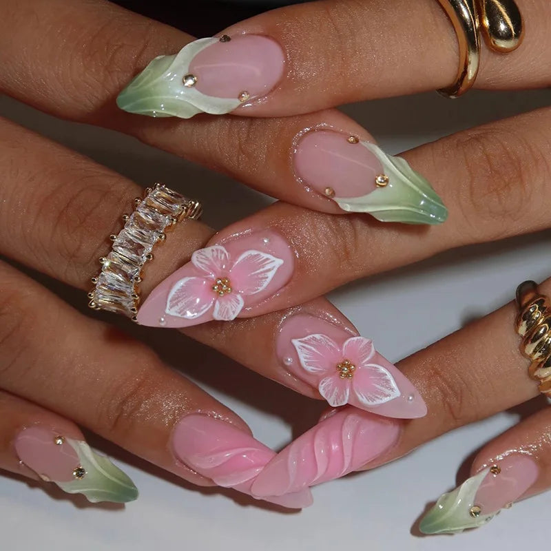 Mid-length Gilded 3D Flower Gradient Almond Reusable Press On Nails