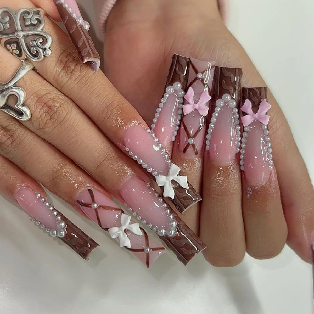 Long Square Press on Charm Nails Durable Wear