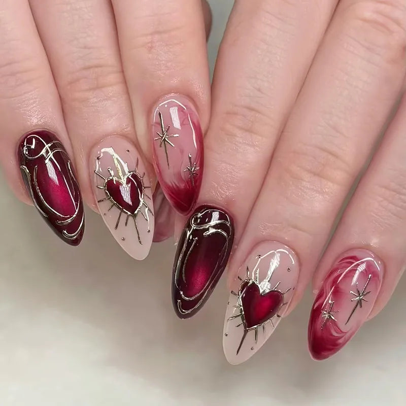 Y2k Press on Nails with Almond Head Design Cat's Eye Silver Stripe Pattern