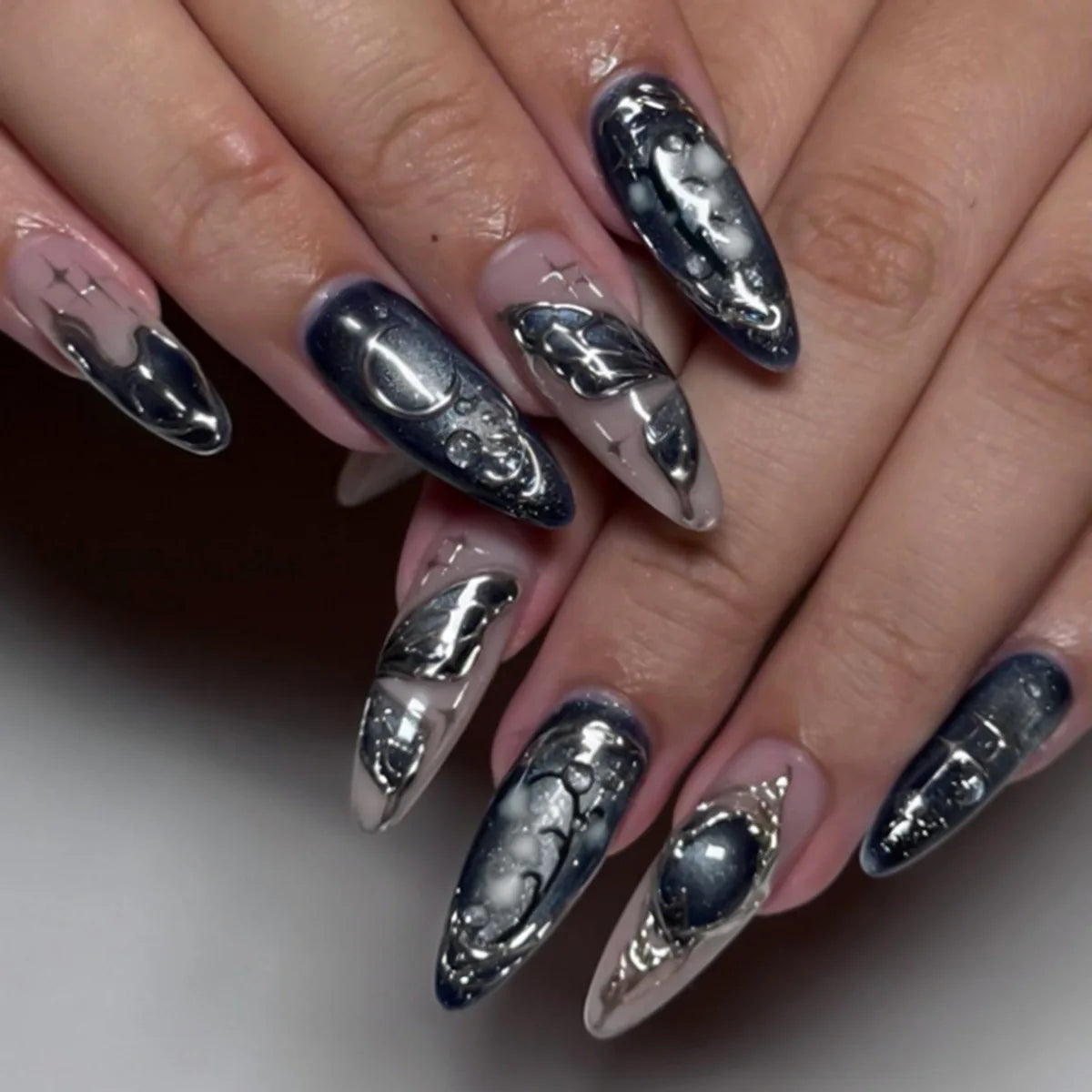 Y2k Press on Nails with Almond Head Design Cat's Eye Silver Stripe Pattern