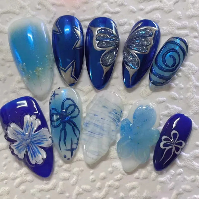 Y2k Press on Nails with Almond Head Design Cat's Eye Silver Stripe Pattern