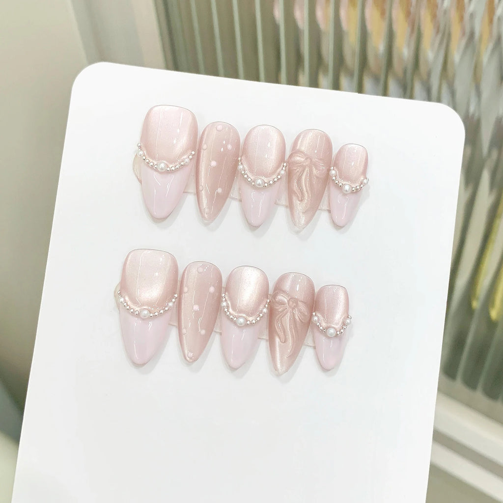 Handmade French Cat Eye Pink Bow Decor Almond Press on Nails