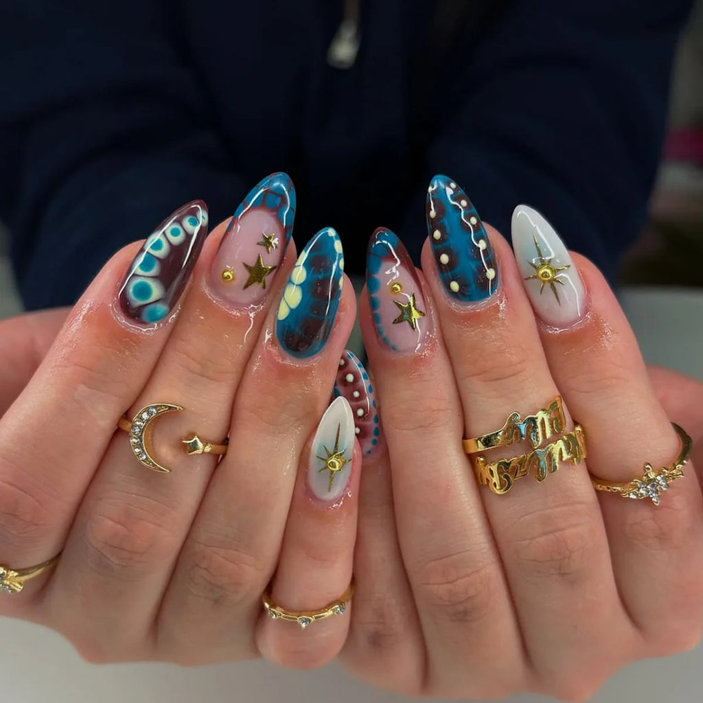 Mid-length Gilded 3D Flower Gradient Almond Reusable Press On Nails
