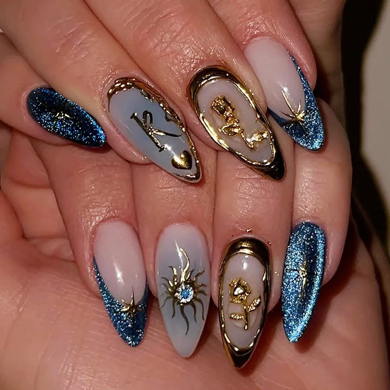 Mid-length Gilded 3D Flower Gradient Almond Reusable Press On Nails