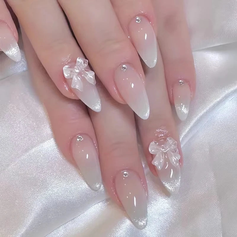 Sweet Cat Eye French Press on Nails Diamond-Pointed Three Dimensional Bow Knot