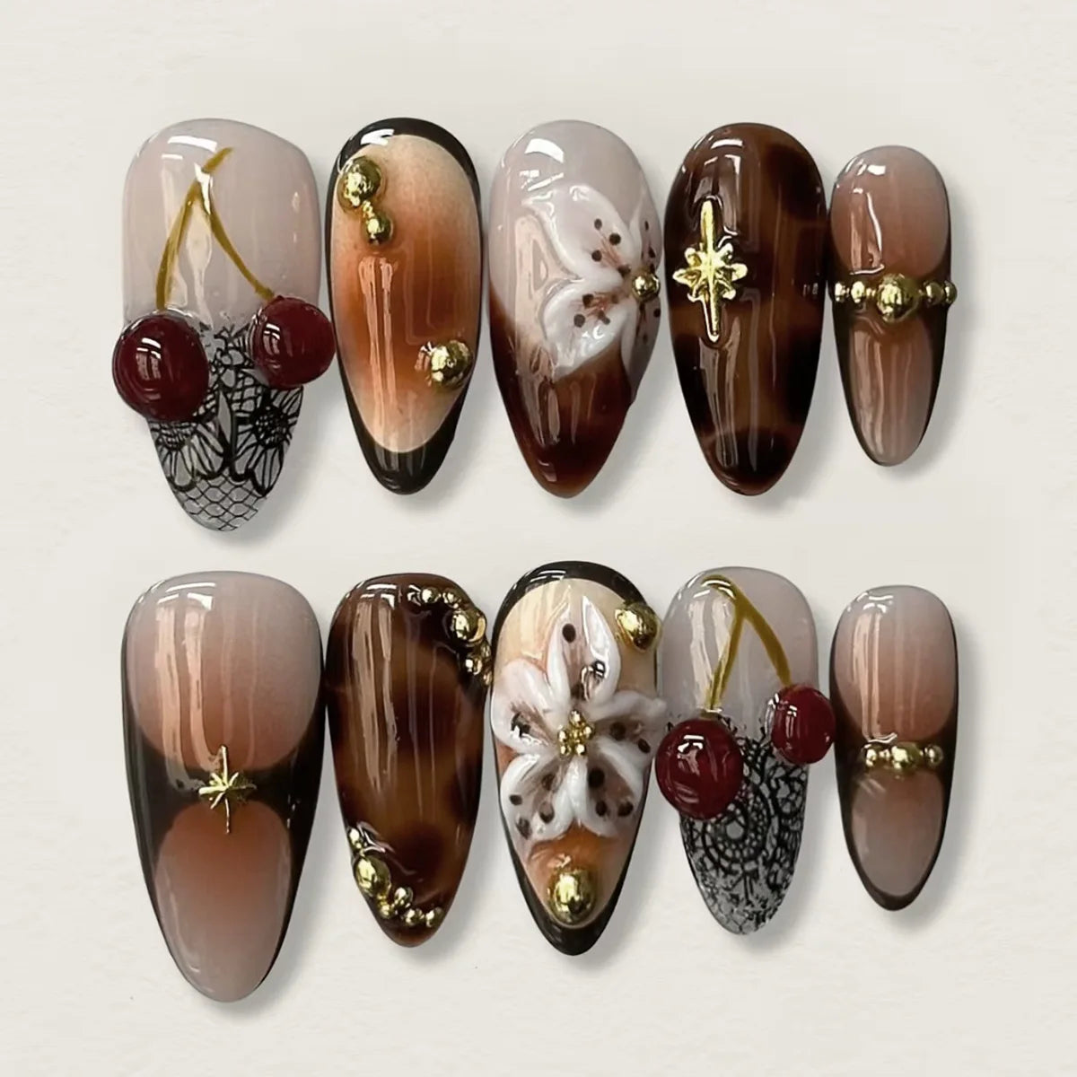 Mid-length Gilded 3D Flower Gradient Almond Reusable Press On Nails