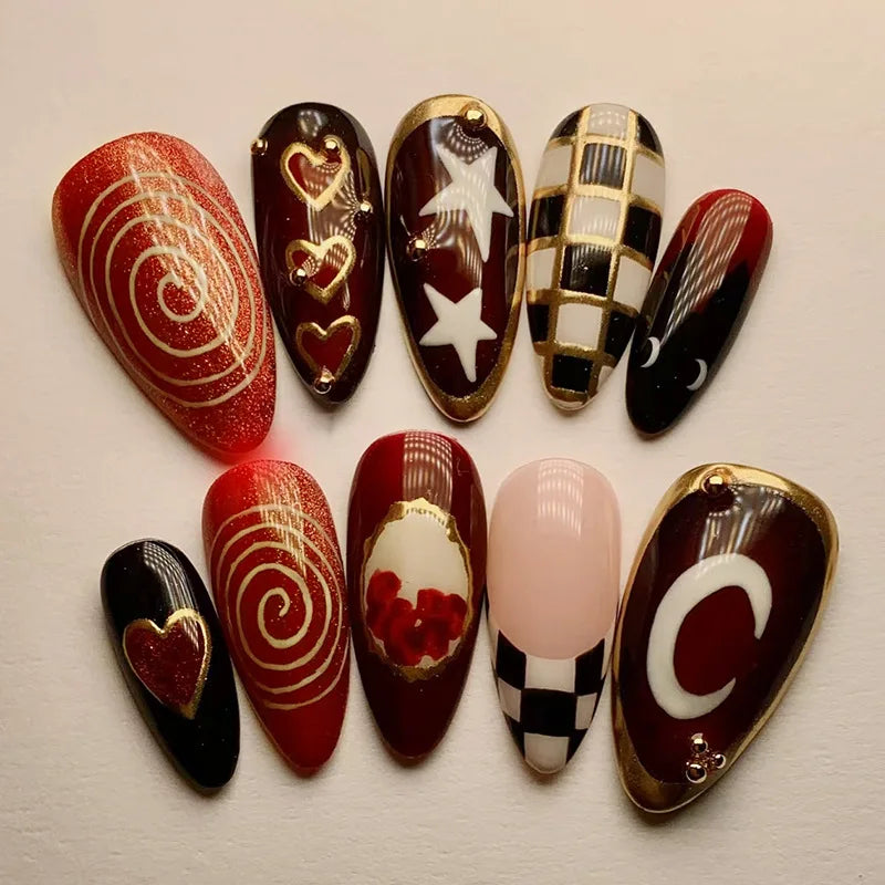 Y2k Press on Nails with Almond Head Design Cat's Eye Silver Stripe Pattern