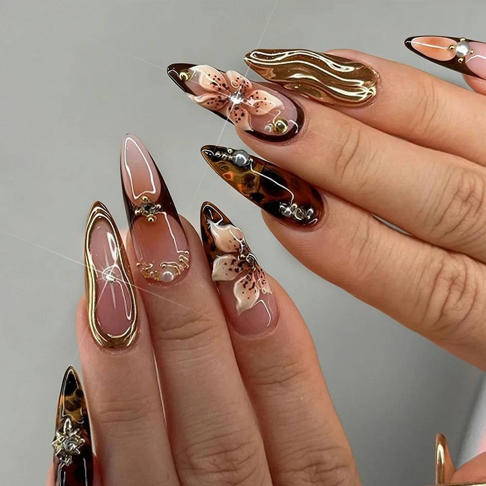 Stunning Retro Flower Y2k Caviar Bead Floral Press on Nails