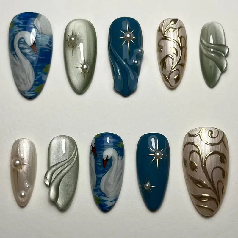 Y2k Press on Nails with Almond Head Design Cat's Eye Silver Stripe Pattern