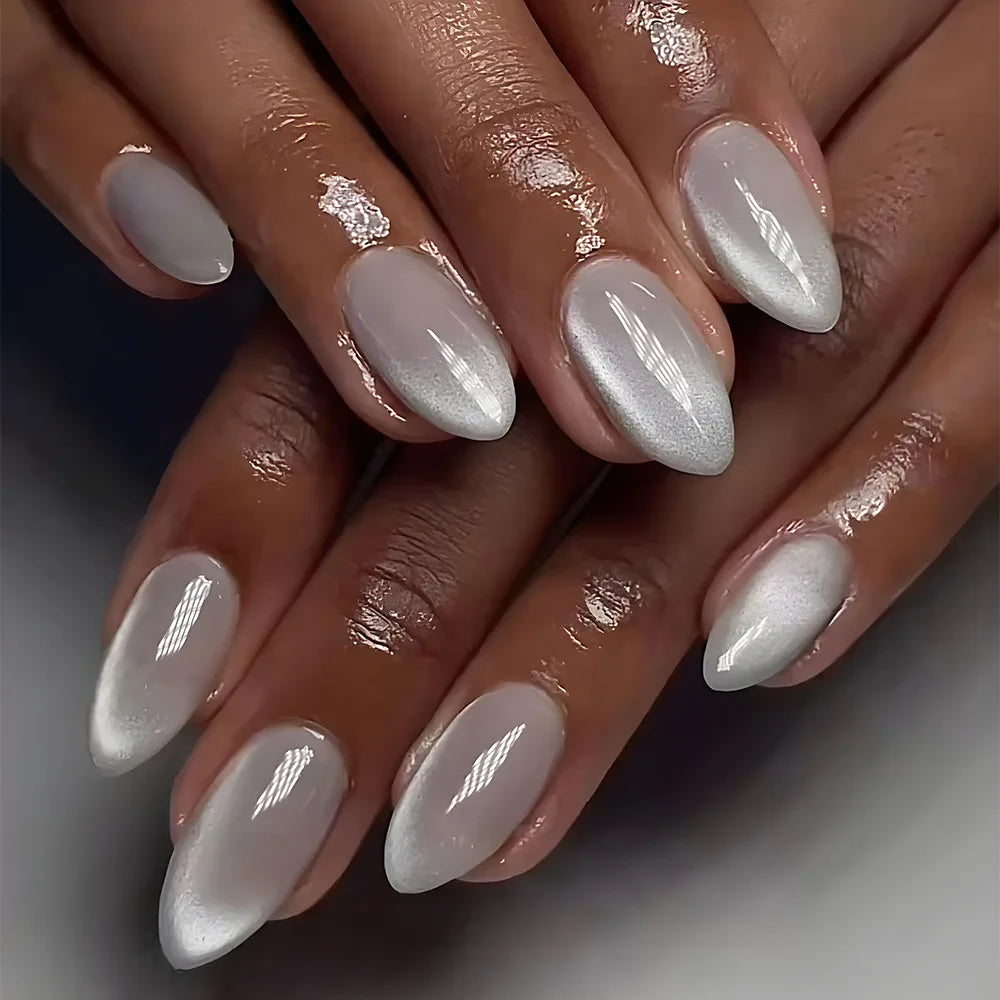 Metallic Cat Eye Sheer Manicure Art Textured 3D Acrylic Almond Medium Press on Nails