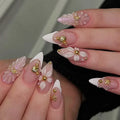 Mid-length Gilded 3D Flower Gradient Almond Reusable Press On Nails
