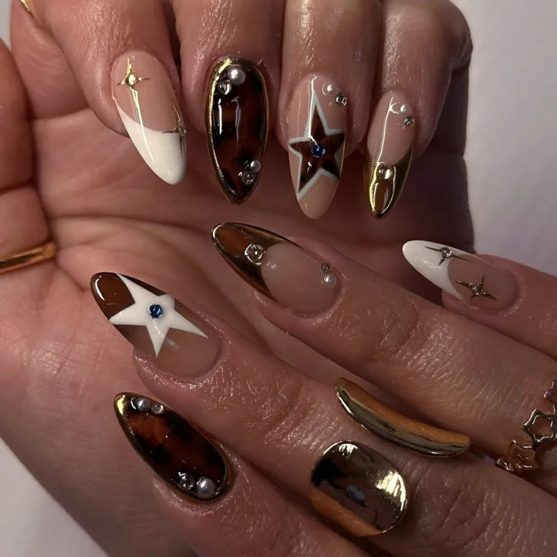 Y2k Press on Nails with Almond Head Design Cat's Eye Silver Stripe Pattern