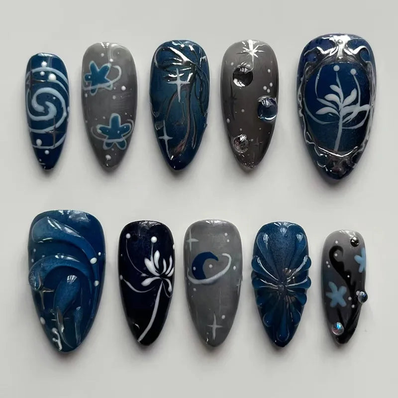 Y2k Press on Nails with Almond Head Design Cat's Eye Silver Stripe Pattern